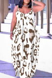 Rose Red Leopard Print Sleeveless Backless Spaghetti Strap Floor Length Casual Outings Straight Loose Maxi Slip Dresses