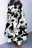 Light Blue O Neck 3/4 Sleeve Casual Daily Pleated Hem Straight Loose Swing Maxi Dresses