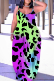 Rose Red Leopard Print Sleeveless Backless Spaghetti Strap Floor Length Casual Outings Straight Loose Maxi Slip Dresses