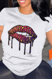 Black Lips Print O Neck Short Sleeve Casual Outings Baggy T Shirts