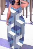 Blue Off Shoulder Sleeveless Backless Spaghetti Strap Floor Length Casual Outings Straight Loose Maxi Slip Dresses