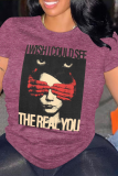 Grey Portrait Print O Neck Short Sleeve Casual Outings Women Cotton Graphic T Shirts