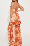 Orange Sleeveless Backless Cut-Out Ruffled High-Low Hem Casual Vacation Summer Halter Maxi Slip Dress