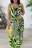 Dark Brown Leopard Print Sleeveless Backless Spaghetti Strap Floor Length Casual Outings Straight Loose Maxi Slip Dresses