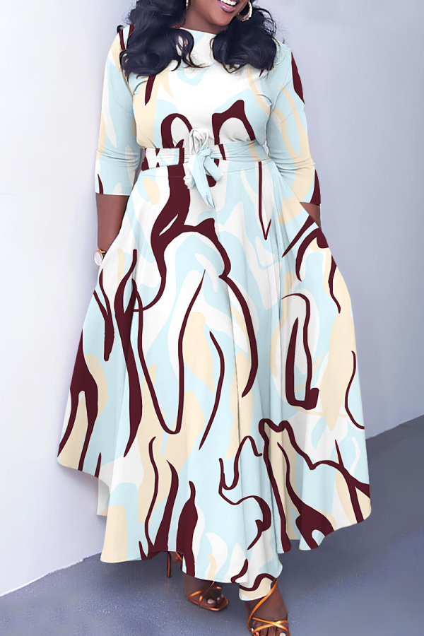 Light Blue O Neck 3/4 Sleeve Casual Daily Pleated Hem Straight Loose Swing Maxi Dresses