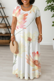 Purple Graphic Print V Neck Short Sleeve Floor Length Casual Outings Plus Size Straight Loose Maxi Dresses