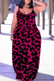 Rose Red Leopard Print Sleeveless Backless Spaghetti Strap Floor Length Casual Outings Straight Loose Maxi Slip Dresses