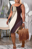 Brown U Neck Off Shoulder Sleeveless Knee Length Casual Daily Bodycon Tank Midi Dresses