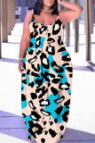 Rose Red Leopard Print Sleeveless Backless Spaghetti Strap Floor Length Casual Outings Straight Loose Maxi Slip Dresses