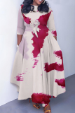 Yellow O Neck 3/4 Sleeve Casual Daily Pleated Hem Straight Loose Swing Maxi Dresses