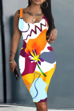 Pink Floral Print U Neck Off Shoulder Sleeveless Knee Length Casual Daily Plus Size Bodycon Tank Midi Dresses