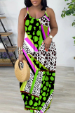 Dark Brown Leopard Print Sleeveless Backless Spaghetti Strap Floor Length Casual Outings Straight Loose Maxi Slip Dresses