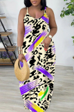 Dark Brown Leopard Print Sleeveless Backless Spaghetti Strap Floor Length Casual Outings Straight Loose Maxi Slip Dresses