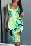Pink Floral Print U Neck Off Shoulder Sleeveless Knee Length Casual Daily Plus Size Bodycon Tank Midi Dresses