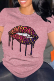 Black Lips Print O Neck Short Sleeve Casual Outings Baggy T Shirts