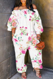 Orange Floral Graphic Print Off Shoulder Long Sleeve Casual Daily Wide Leg Harlan Jumpsuit