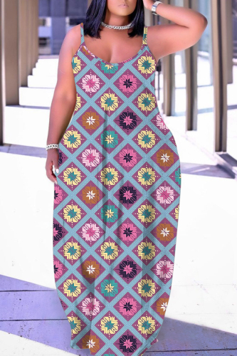 Rose Purple Floral Fruit Print Sleeveless Backless Spaghetti Strap Floor Length Casual Outings Straight Loose Maxi Slip Dresses