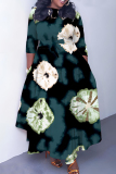 Yellow O Neck 3/4 Sleeve Casual Daily Pleated Hem Straight Loose Swing Maxi Dresses