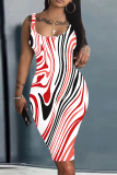 Black Striped Print U Neck Off Shoulder Sleeveless Knee Length Casual Daily Plus Size Bodycon Tank Midi Dresses