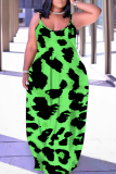 Rose Red Leopard Print Sleeveless Backless Spaghetti Strap Floor Length Casual Outings Straight Loose Maxi Slip Dresses