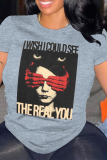 Grey Portrait Print O Neck Short Sleeve Casual Outings Women Cotton Graphic T Shirts