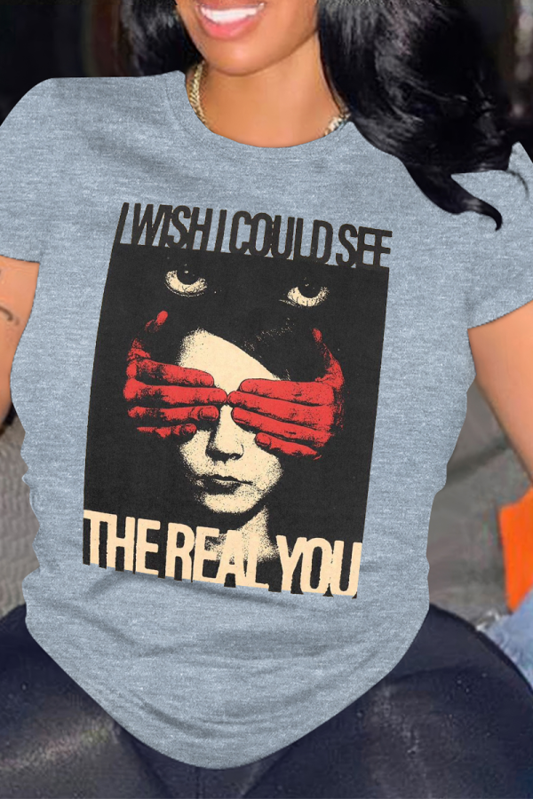 Grey Portrait Print O Neck Short Sleeve Casual Outings Women Cotton Graphic T Shirts