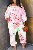 Orange Floral Graphic Print Off Shoulder Long Sleeve Casual Daily Wide Leg Harlan Jumpsuit