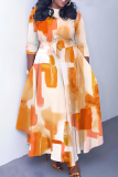 Yellow O Neck 3/4 Sleeve Casual Daily Pleated Hem Straight Loose Swing Maxi Dresses