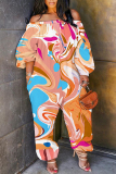Orange Floral Graphic Print Off Shoulder Long Sleeve Casual Daily Wide Leg Harlan Jumpsuit
