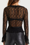 Sexy Hot Solid Color Lace See-Through Belted V Neck Tops