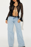 Sexy Hot Solid Color Lace See-Through Belted V Neck Tops