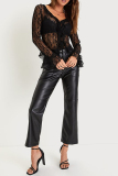 Sexy Hot Solid Color Lace See-Through Belted V Neck Tops