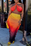 Sexy Casual Gradient Print Backless Halter Sleeveless Two Pieces
