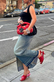 Casual Daily Solid Color Slit High Waist Regular Denim Skirts