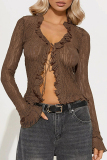 Sexy Hot Solid Color Lace See-Through Belted V Neck Tops