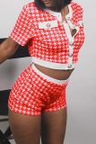 Casual Daily Print Buttons Patchwork Button Collar Short Sleeve Two Pieces