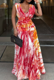 Elegant Print Ruched V Neck Long Dresses