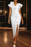 Party Formal Elegant Solid Color Flowers Slit V Neck Long Dresses