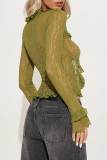 Sexy Hot Solid Color Lace See-Through Belted V Neck Tops