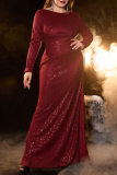 Party Formal Elegant Solid Color Sequins Patchwork Backless Slit O Neck Long Plus Size Dresses