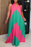 Casual Patchwork Contrast V Neck Long Dresses