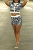 Casual Daily Print Buttons Patchwork Button Collar Short Sleeve Two Pieces