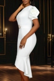 Party Elegant Solid Color Ruffle Irregular Hem O Neck Wrapped Skirt Dresses