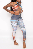 Sexy Hot Irregular Printed Backless Belted Halter Sleeveless Two Pieces