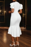 Party Elegant Solid Color Ruffle Irregular Hem O Neck Wrapped Skirt Dresses