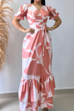 Casual Daily Print Belted V Neck Long Dresses