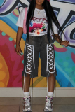 Casual Daily Gradient Color Pocket Patchwork Belted Mid Waist Straight Denim Shorts