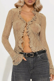 Sexy Hot Solid Color Lace See-Through Belted V Neck Tops