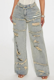 Casual Daily Solid Color Ripped Patchwork Mid Waist Regular Denim Jeans