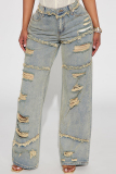 Casual Daily Solid Color Ripped Patchwork Mid Waist Regular Denim Jeans